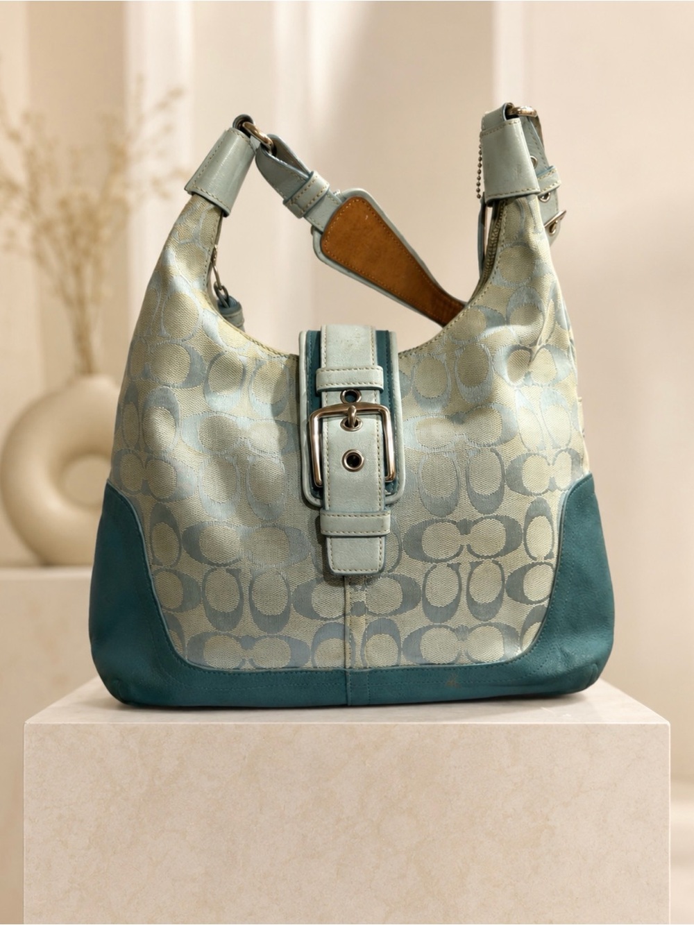 Coach Two-Tone Sage and Teal Signature Hobo Shoulder Bag 6824